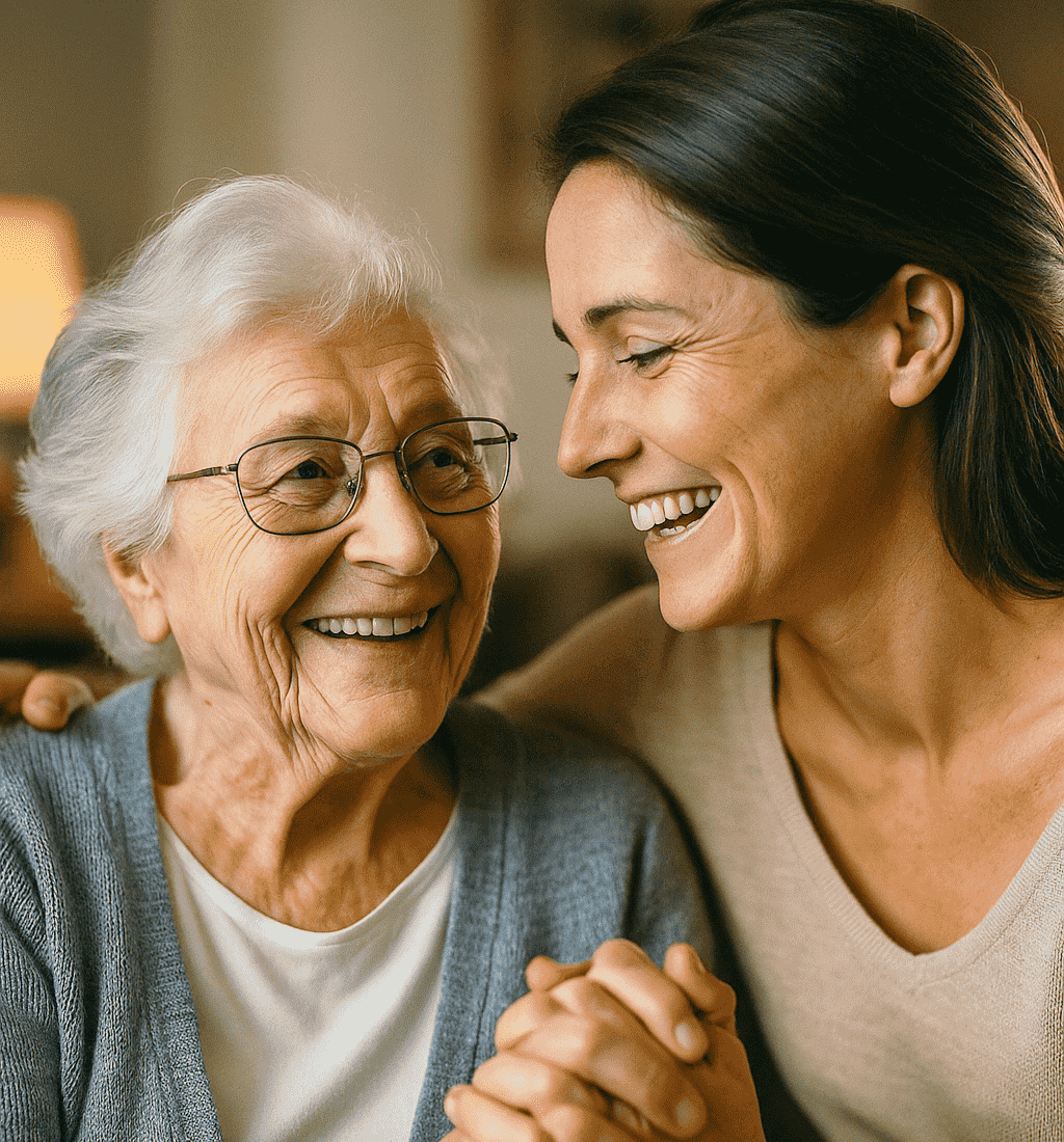 Eine ältere Frau mit Brille und eine jüngere Frau blicken sich herzlich lächelnd an und halten sich an den Händen, was eine fürsorgliche Beziehung ausdrückt.