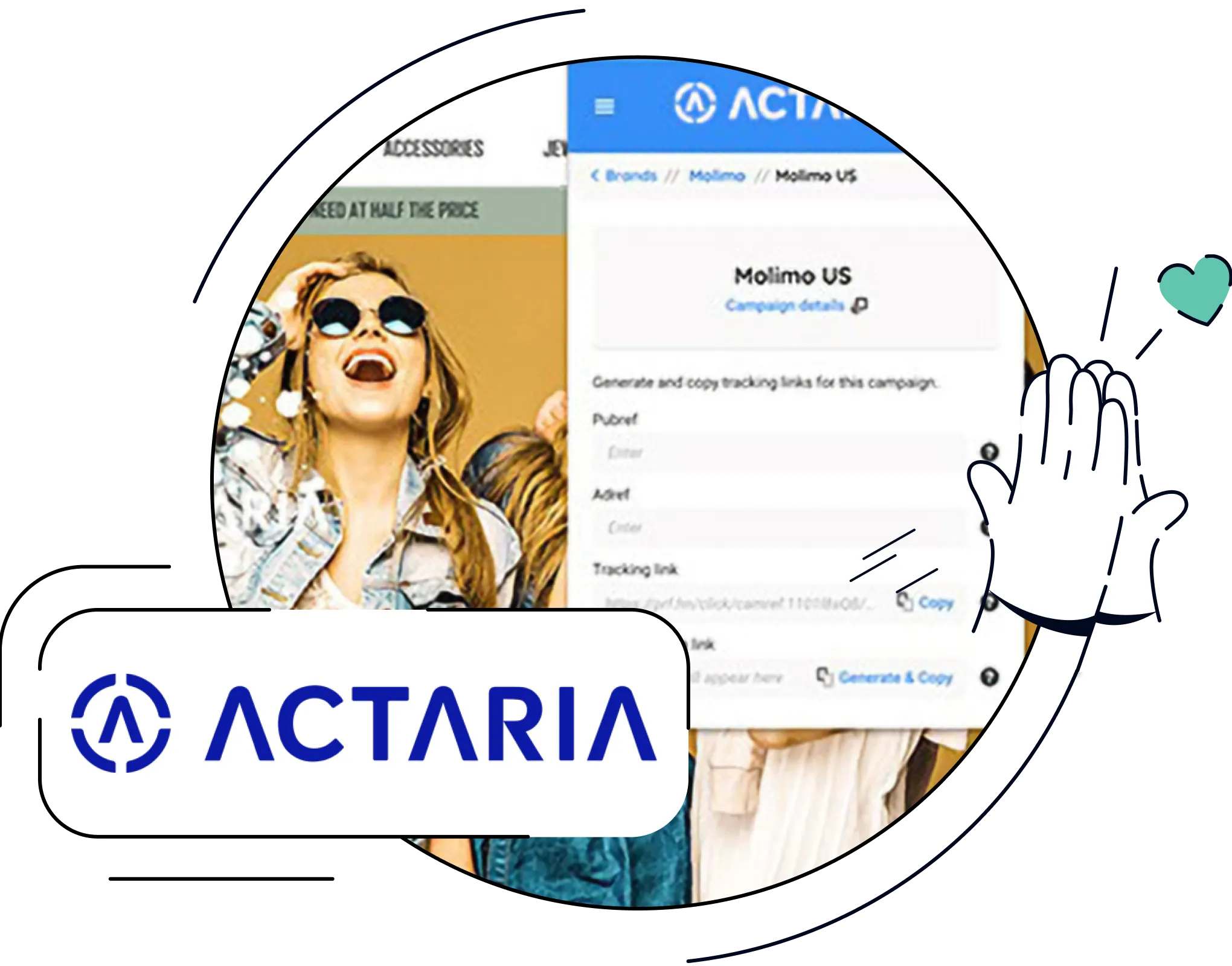 Kombination aus dem Actaria-Logo und Ausschnitten aus der Actaria-Software-Oberfläche.
