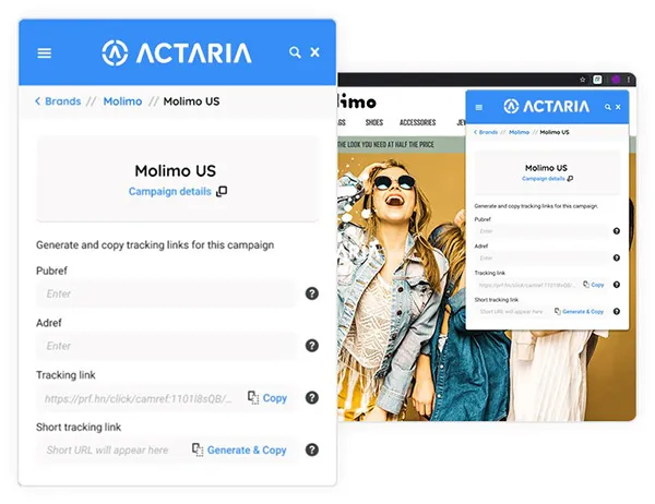Screenshots der Actaria-Software, die die Benutzeroberfläche zur Erstellung von Tracking-Links für die Kampagne Molimo US zeigt. Links ist die Hauptansicht mit Eingabefeldern und rechts eine kompaktere Ansicht über einer Webseite.