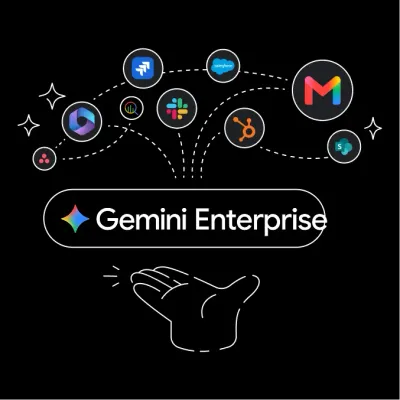 Illustration zum Live-Webinar Agentic Workplace mit Gemini Enterprise und verschiedenen App-Icons
