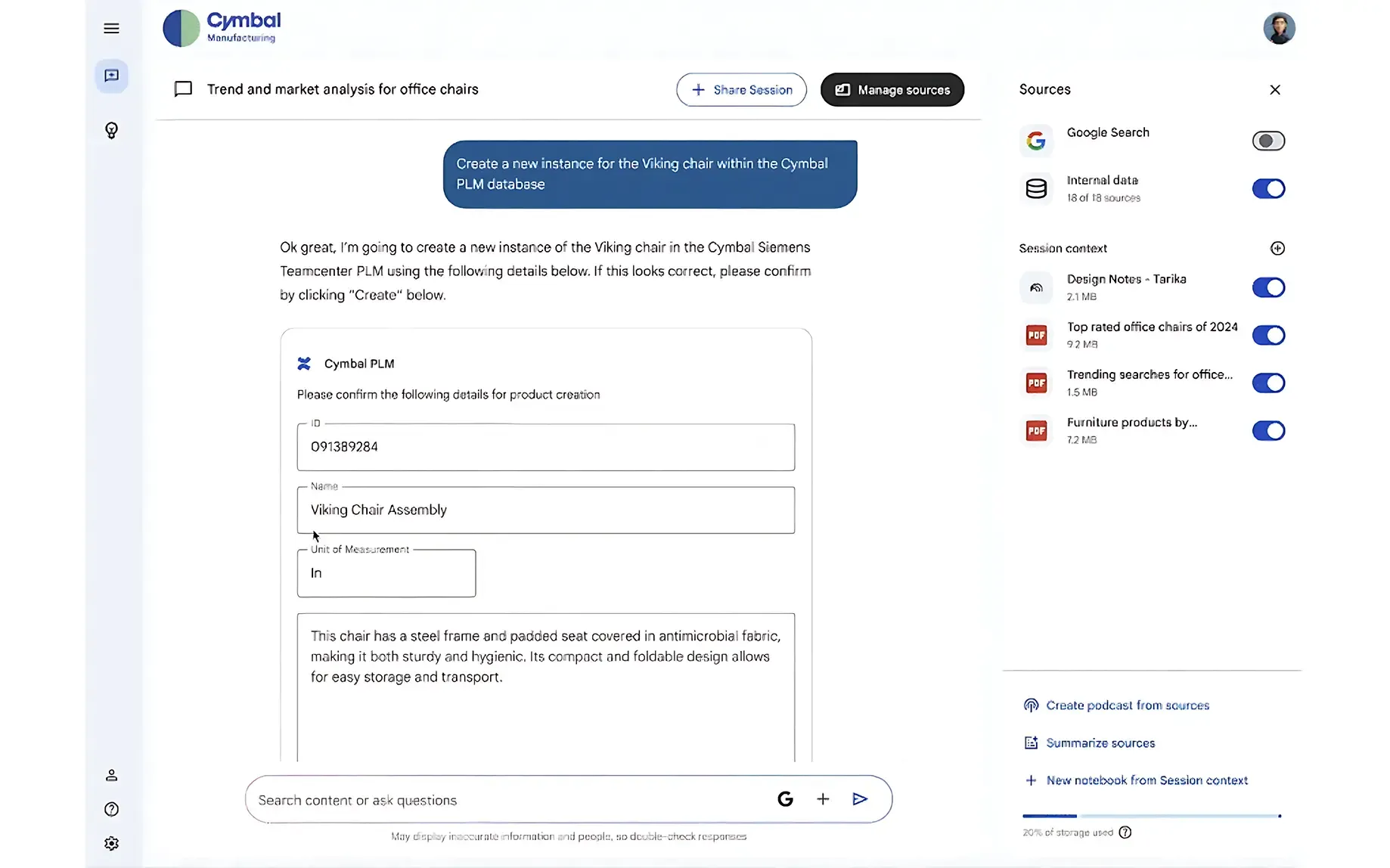 Ein Screenshot, der zeigt, wie der KI-Agent von Google Agentspace eine Aktion in einem externen System ausführt. Nachdem der Nutzer den Befehl gegeben hat, einen neuen Datensatz in einer PLM-Datenbank zu erstellen, füllt der Agent das entsprechende Formular automatisch aus und legt es dem Nutzer zur finalen Bestätigung vor.