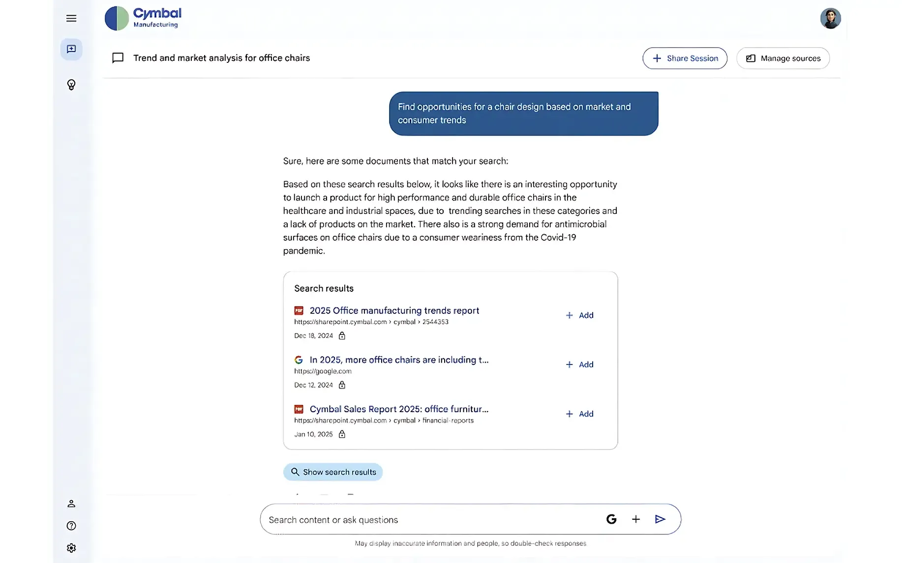 Ein Screenshot der Benutzeroberfläche von Google Agentspace, der die Recherchefunktion zeigt. Ein Nutzer fragt nach Markttrends für Bürostühle, woraufhin der KI-Agent relevante Dokumente findet, deren Inhalte zusammenfasst und daraus eine neue Geschäftsmöglichkeit ableitet.