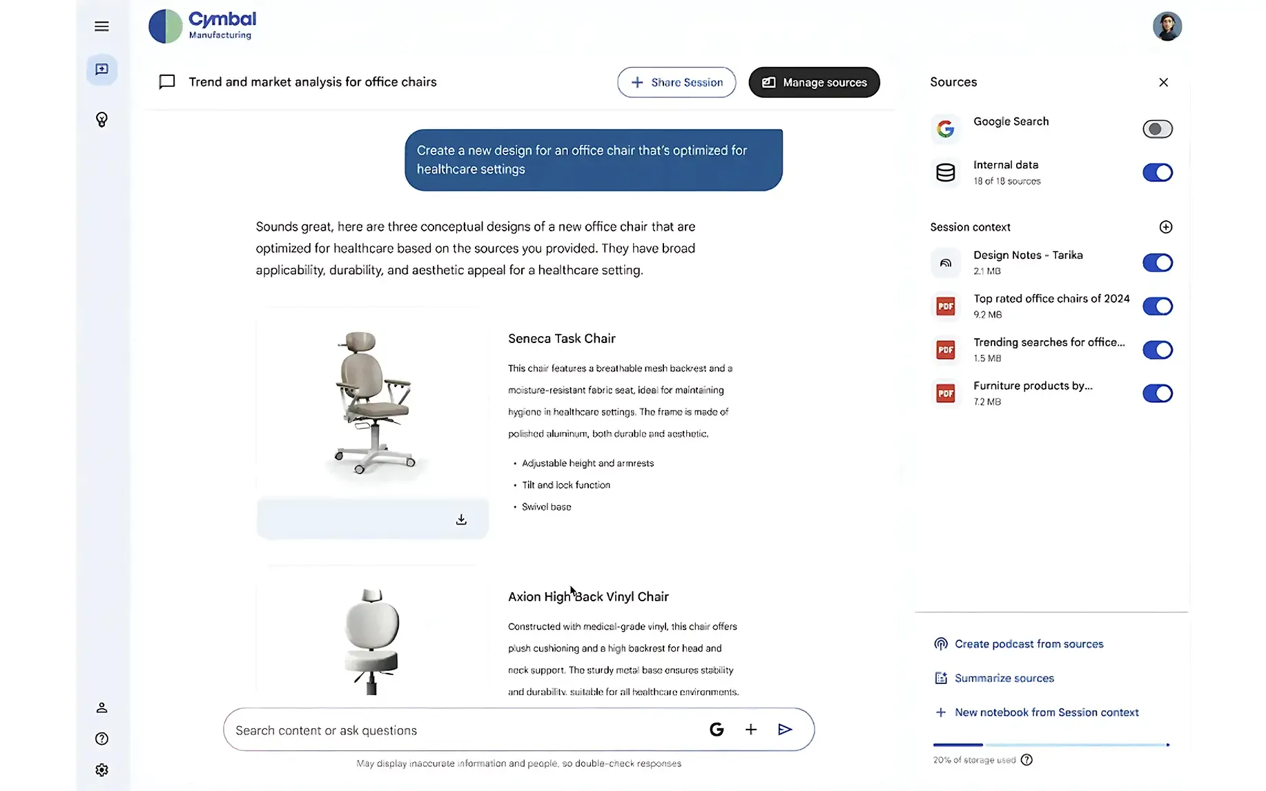 Ein Screenshot, der die Kreativfunktion von Gemini Enterprise demonstriert. Auf die Aufforderung, einen neuen Bürostuhl für das Gesundheitswesen zu entwerfen, erstellt der KI-Agent eigenständig zwei konzeptionelle Designs inklusive Bildern und detaillierten Produktbeschreibungen, basierend auf den ihm zur Verfügung gestellten Datenquellen.