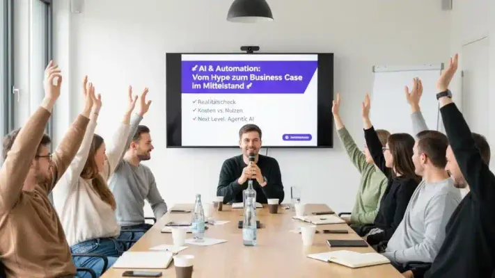 Ein Referent spricht bei einem Workshop über AI & Automation im Mittelstand, wie auf der Folie hinter ihm zu sehen ist. Die engagierten Teilnehmer am Tisch heben ihre Hände.