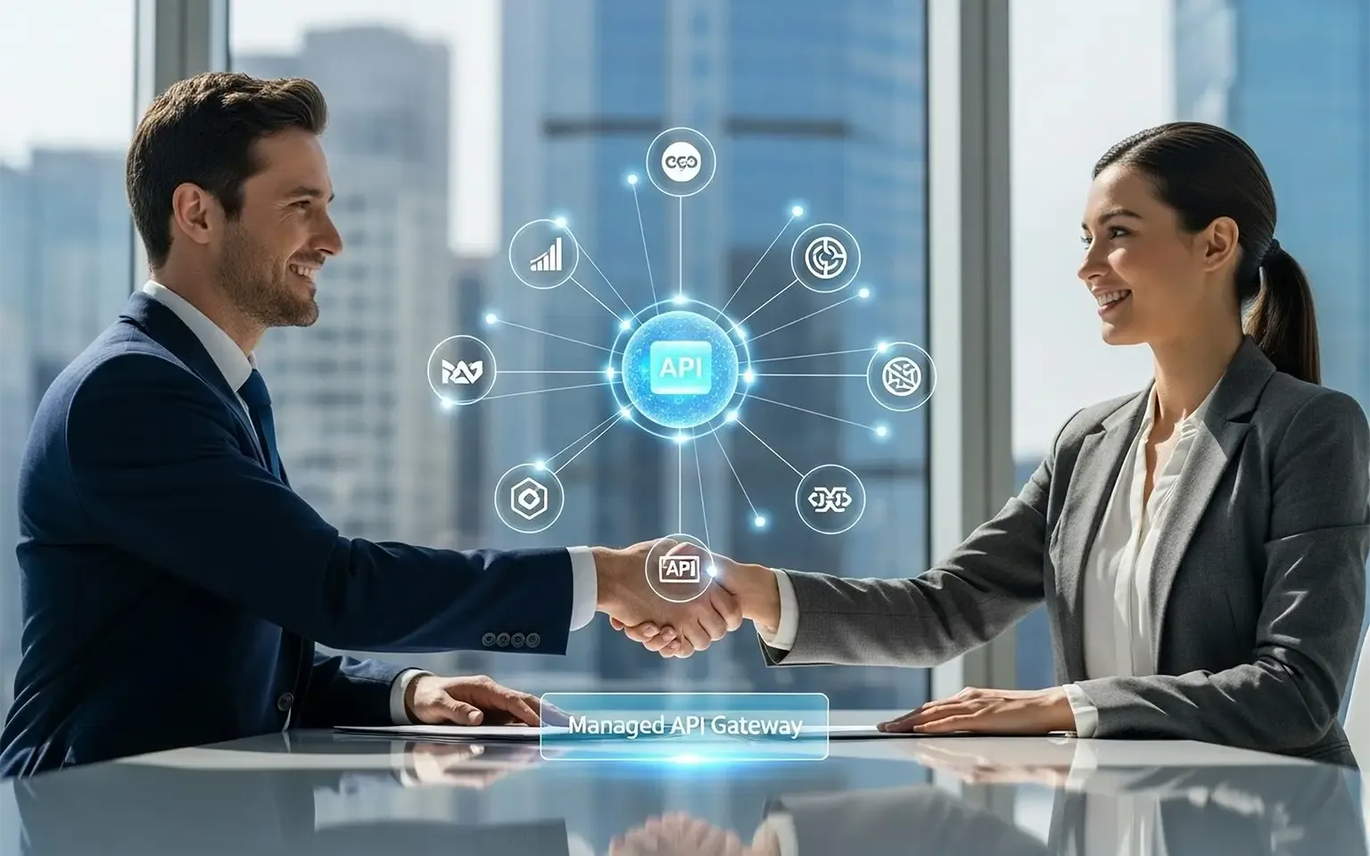 Ein Handschlag zwischen zwei Geschäftspartnern symbolisiert eine Partnerschaft, die auf der gemeinsamen Nutzung einer zentralen, gemanagten API basiert.
