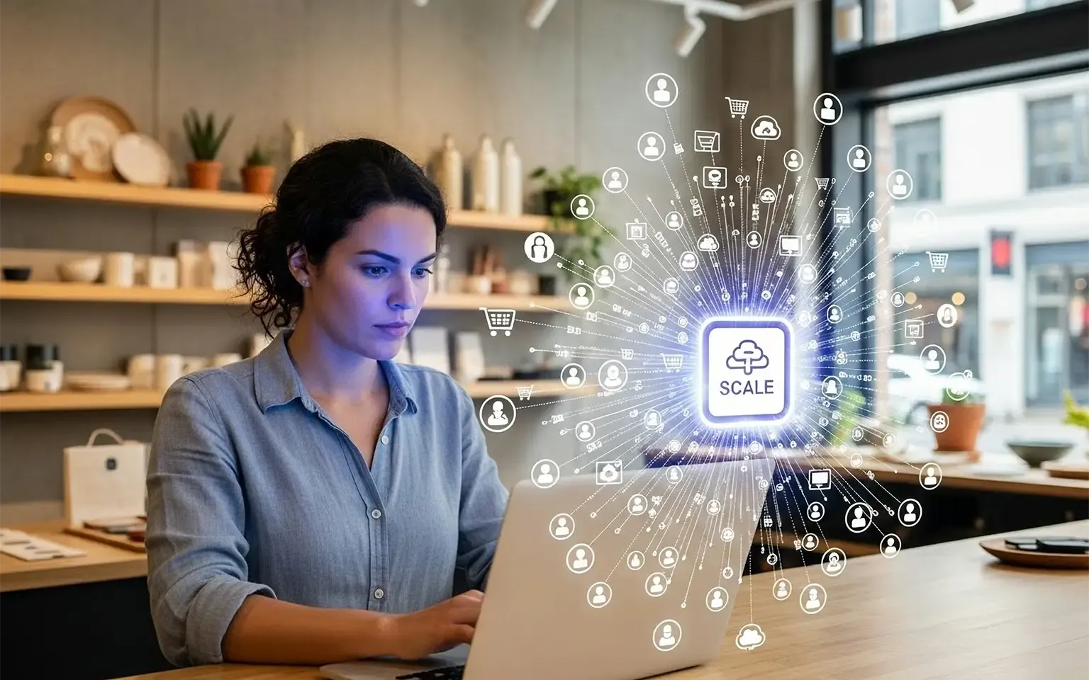 Visualisierung der Skalierbarkeit einer cloud-nativen E-Commerce-Anwendung, die ein wachsendes Netzwerk von Nutzern und Transaktionen bewältigt.