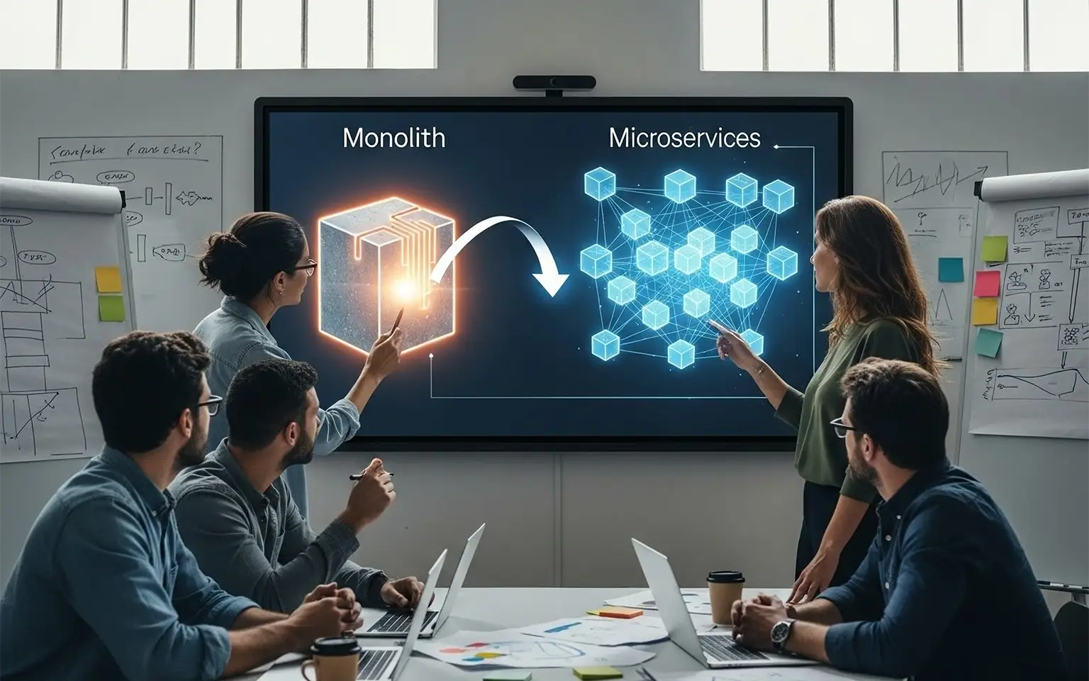 Ein Team diskutiert die Transformation von einer monolithischen Architektur, dargestellt als einzelner Block, zu einer Microservices-Architektur, visualisiert als Netzwerk verbundener Komponenten.