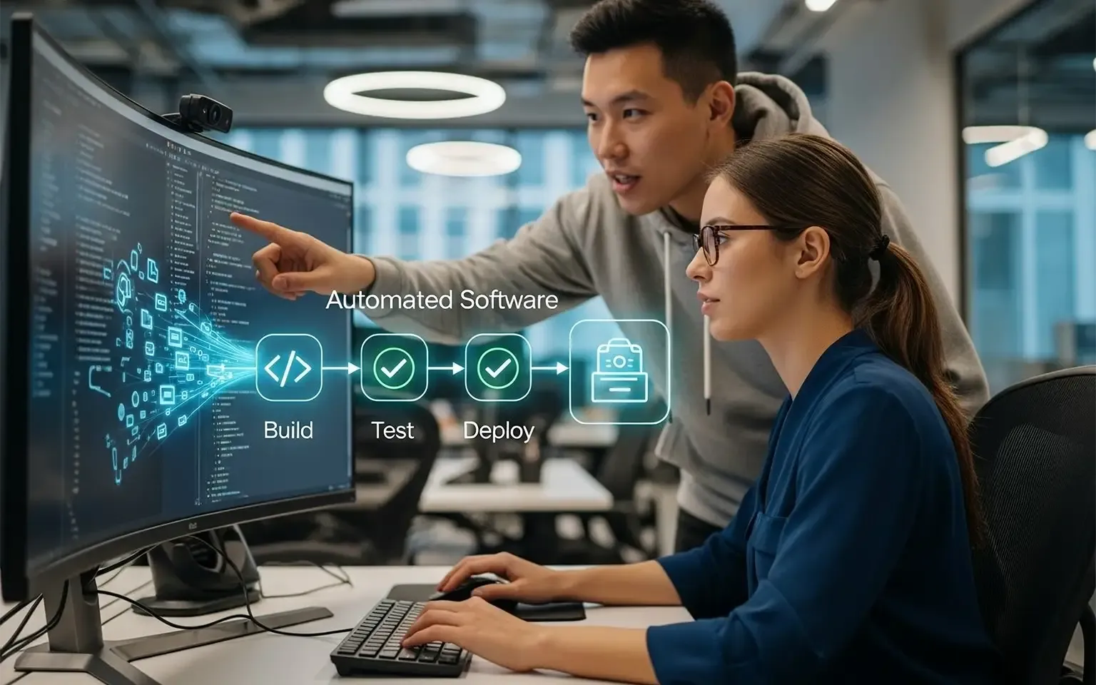 Visualisierung einer automatisierten CI/CD-Pipeline, die den Software-Prozess von der Erstellung (Build) über das Testen (Test) bis zur Bereitstellung (Deploy) darstellt.
