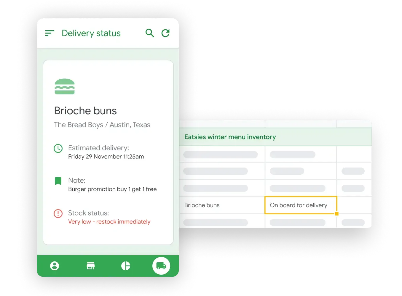 Eine mobile App zeigt den Lieferstatus für Brioche-Brötchen und warnt vor niedrigem Lagerbestand, während im Hintergrund die zugehörige Bestandsliste den Status der Lieferung als unterwegs anzeigt.
