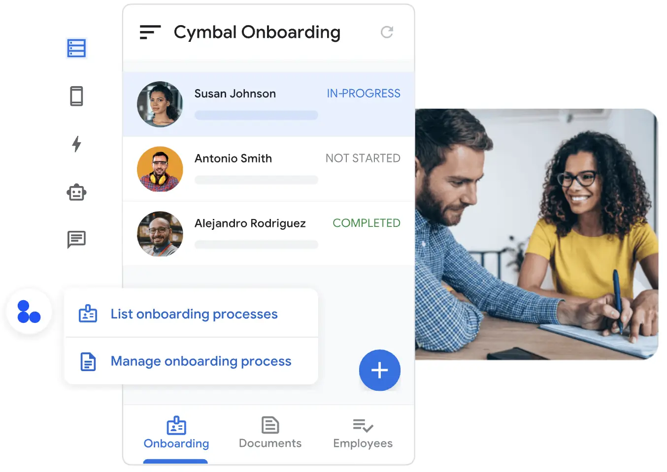Zwei Kollegen arbeiten an einem Schreibtisch, unterstützt durch eine mit Google AppSheet erstellte App. Die App-Oberfläche im Vordergrund zeigt ein Dashboard zur Verwaltung des Mitarbeiter-Onboardings mit dem Status für jeden einzelnen Mitarbeiter.