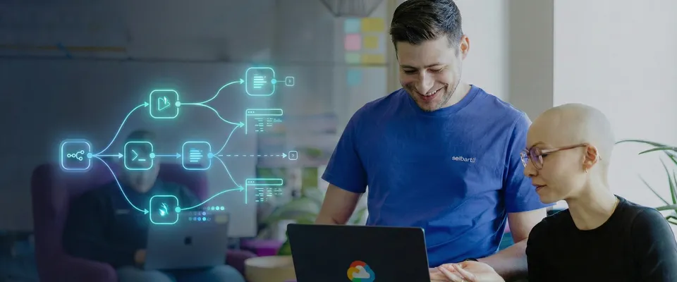Animiertes Büro mit Mitarbeitenden, die gemeinsam an Automatisierungsworkflows arbeiten.