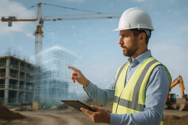 Ein Ingenieur mit Schutzhelm und Warnweste steht auf einer Baustelle, hält ein Tablet und interagiert mit einem digitalen, holografischen 3D-Modell eines Gebäudes.