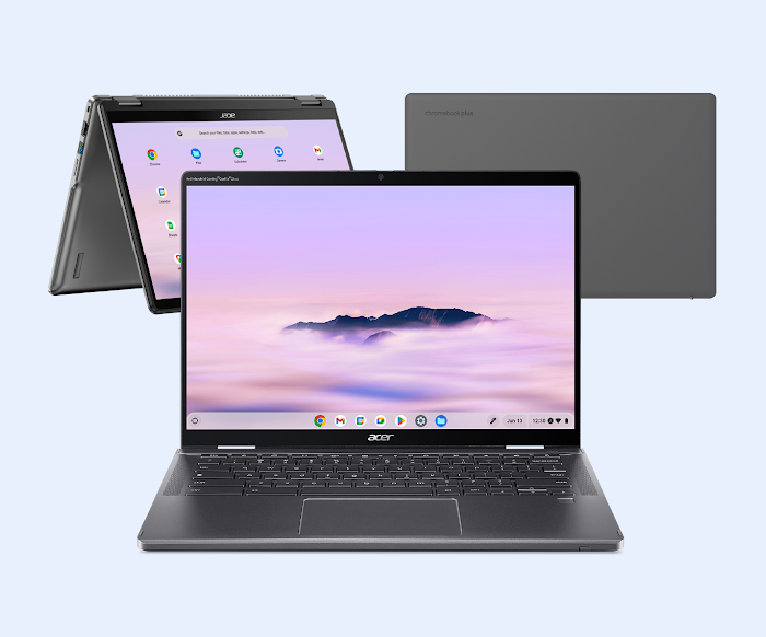 Ein Acer Chromebook Plus Convertible, das aus drei Perspektiven gezeigt wird, um seine Vielseitigkeit zu demonstrieren: als aufgeklapptes Notebook, mit geschlossener Rückseite und im umgeklappten Präsentationsmodus.