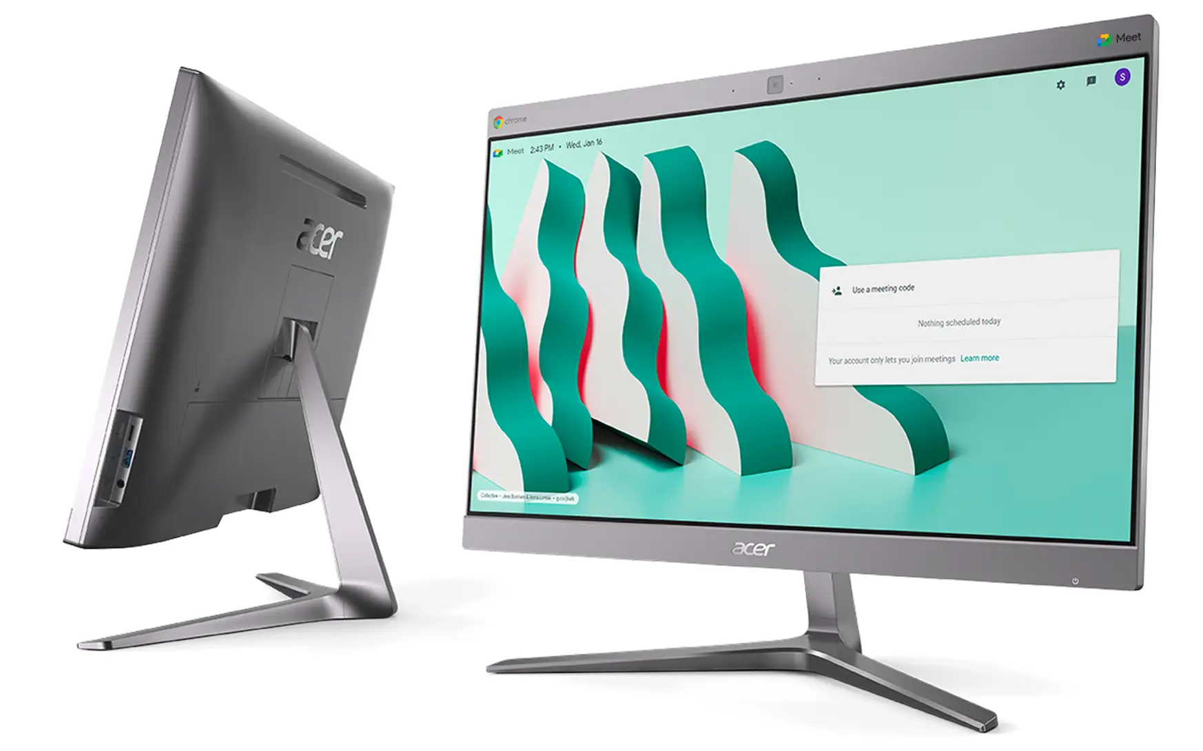 Ein silberner Acer Chromebase All-in-One-Computer aus zwei Perspektiven. Die Frontalansicht zeigt die Google Meet-Anwendung auf dem Bildschirm, was die Eignung des Geräts für Videokonferenzen verdeutlicht.
