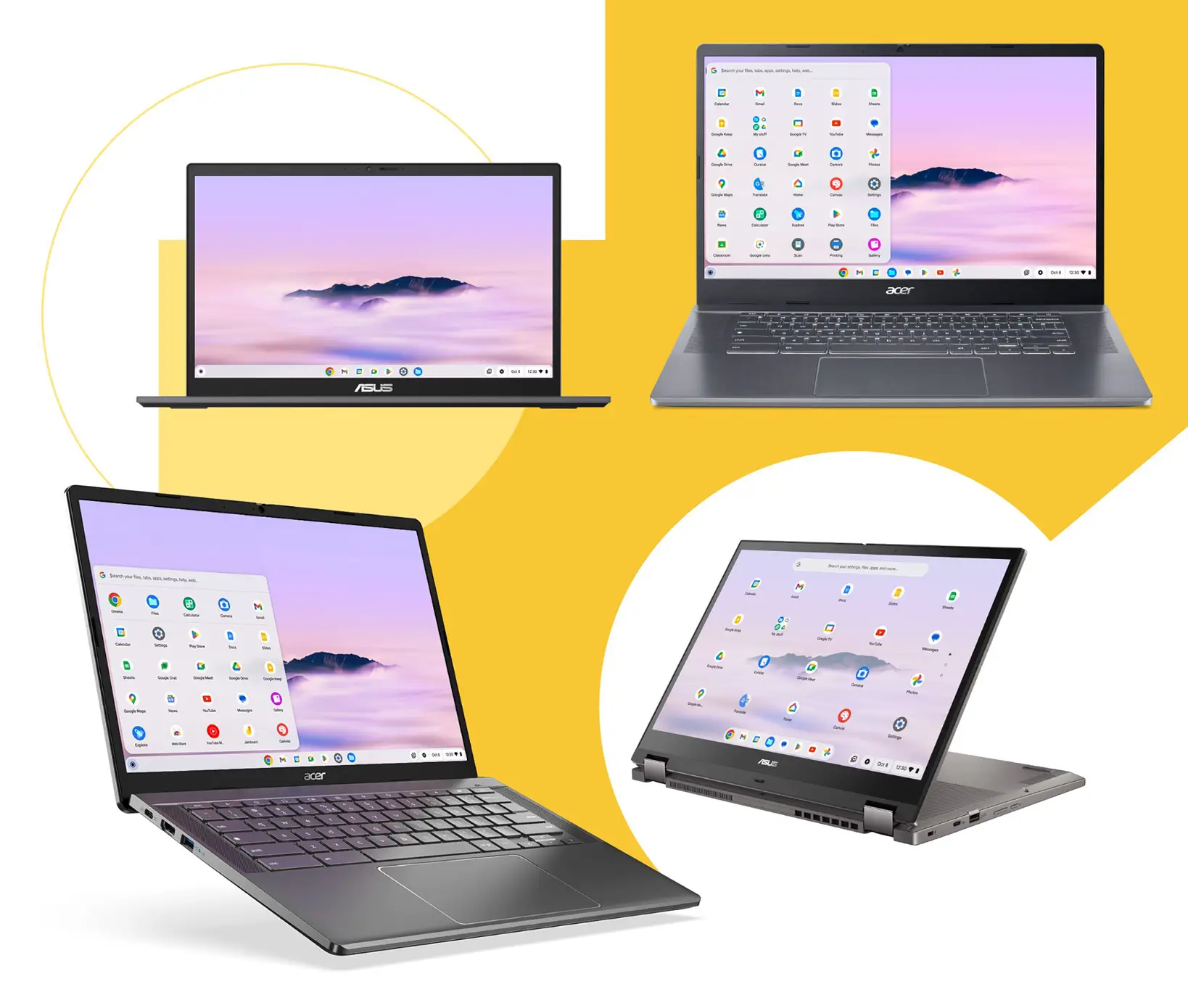Eine Collage eines Chromebooks aus verschiedenen Winkeln und Positionen, als normales Notebook und umgeklappt als 2-in-1-Convertible.