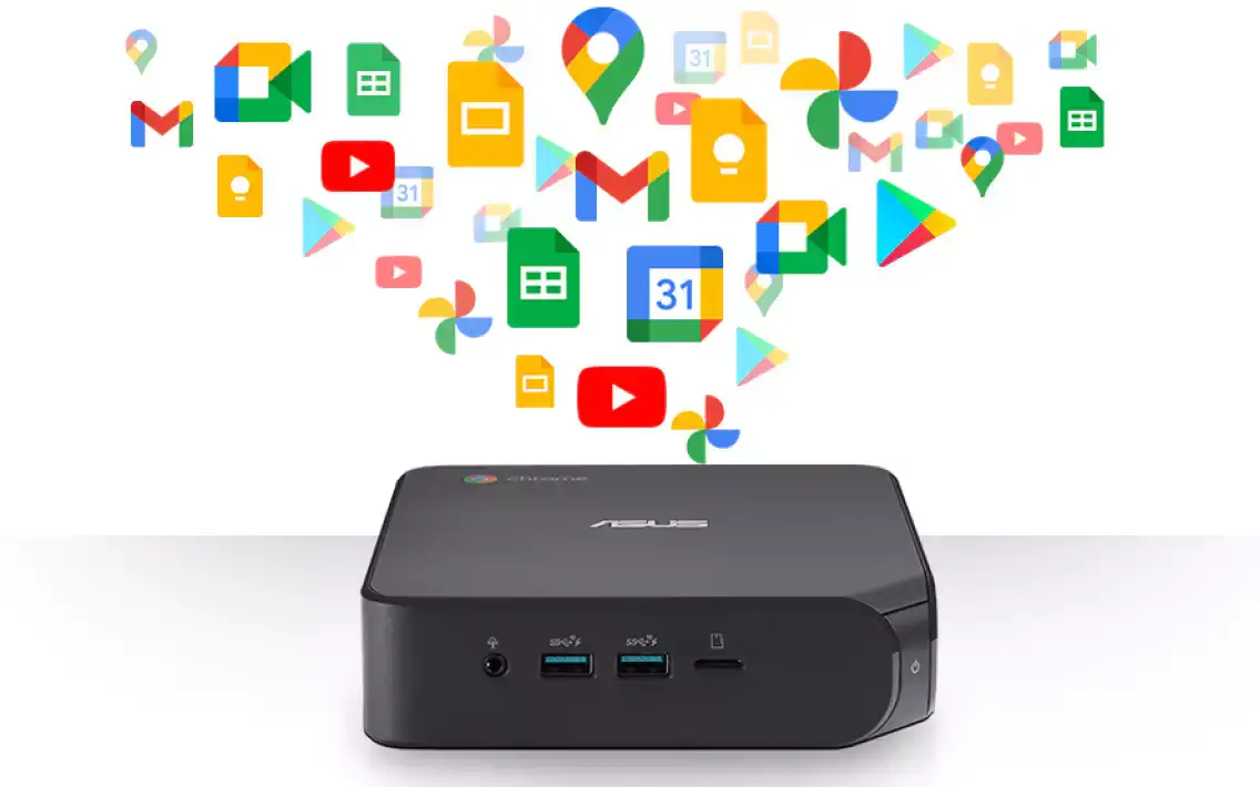Eine kompakte, schwarze ASUS Chromebox, aus der eine Wolke von Google-App-Icons wie Gmail, Drive und YouTube aufsteigt. Dies symbolisiert den vollen Zugriff auf das Google-Ökosystem.