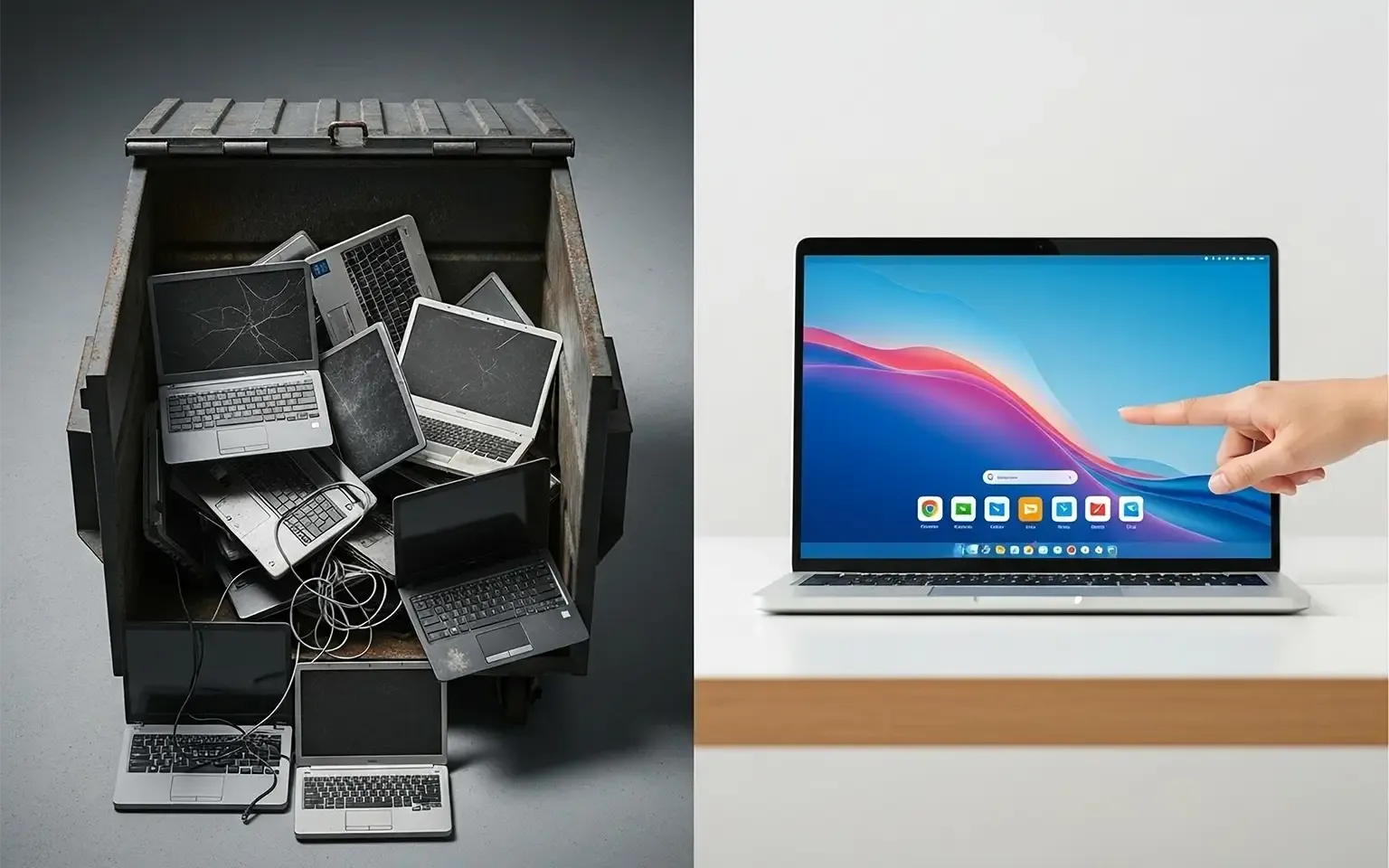Ein Vorher-Nachher-Bild, das die Vorteile von ChromeOS Flex zeigt: Links ist ein Container voller alter, entsorgter Laptops zu sehen. Rechts wird ein ehemals altes Gerät als modernisierter, voll funktionsfähiger Laptop mit der Benutzeroberfläche von ChromeOS dargestellt.