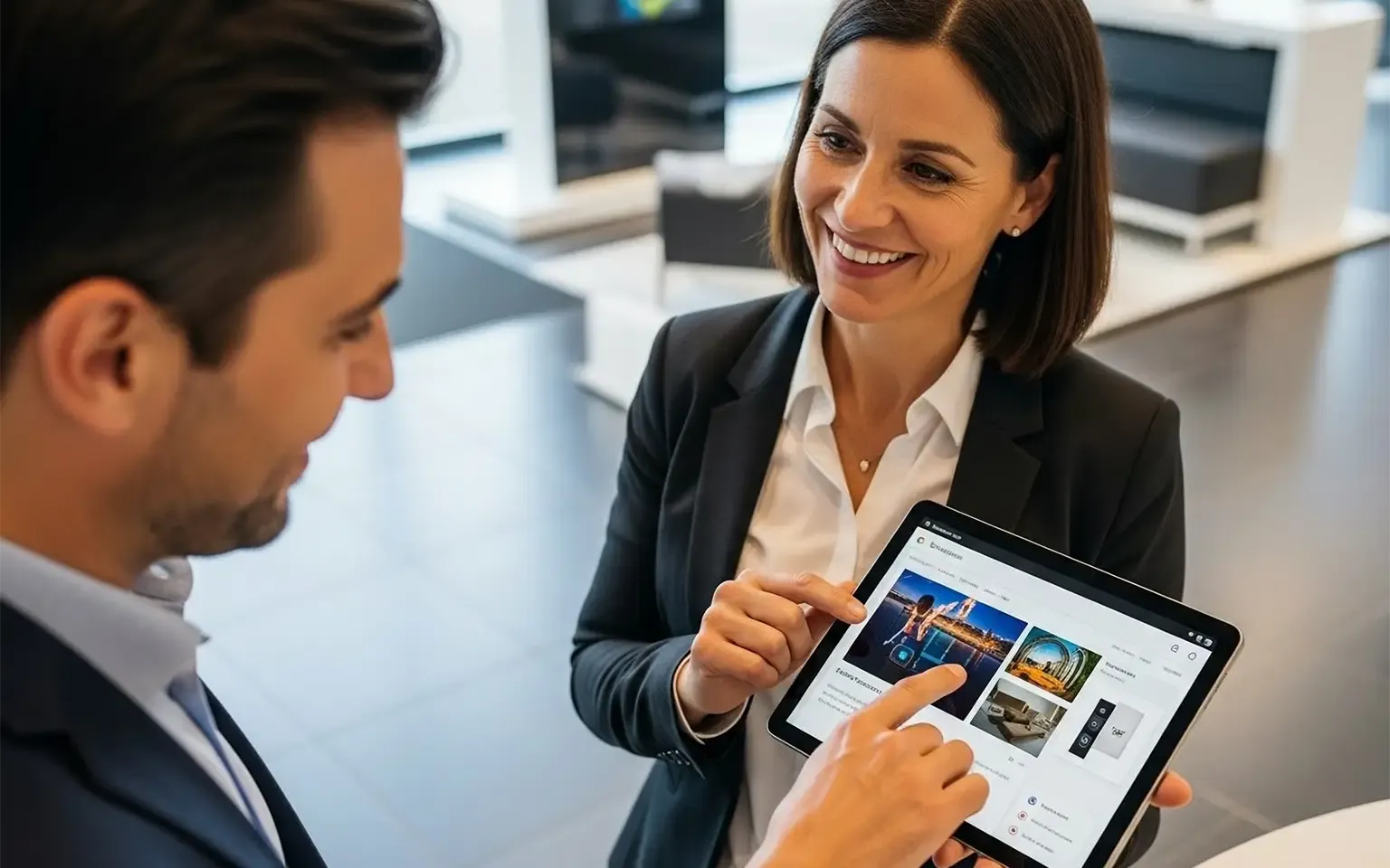 Eine Beraterin zeigt einem Kunden auf einem ChromeOS-Tablet einen Produktkatalog in einem modernen Ladengeschäft und unterstützt ihn so bei der Auswahl.