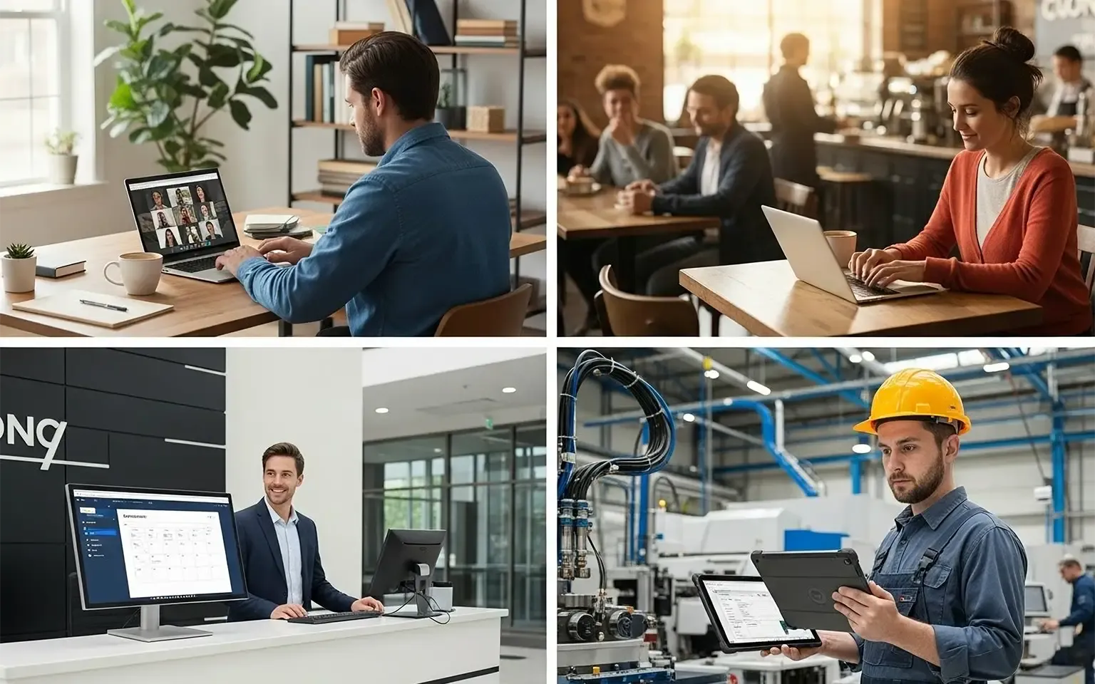 Eine Collage aus vier Bildern, die die Flexibilität von ChromeOS für hybrides Arbeiten veranschaulicht. Gezeigt werden verschiedene Arbeitsumgebungen: ein Mann im Homeoffice bei einer Videokonferenz, eine Frau, die in einem Café arbeitet, ein Mitarbeiter im modernen Büro und ein Industriearbeiter, der in einer Fabrikhalle ein Tablet nutzt.