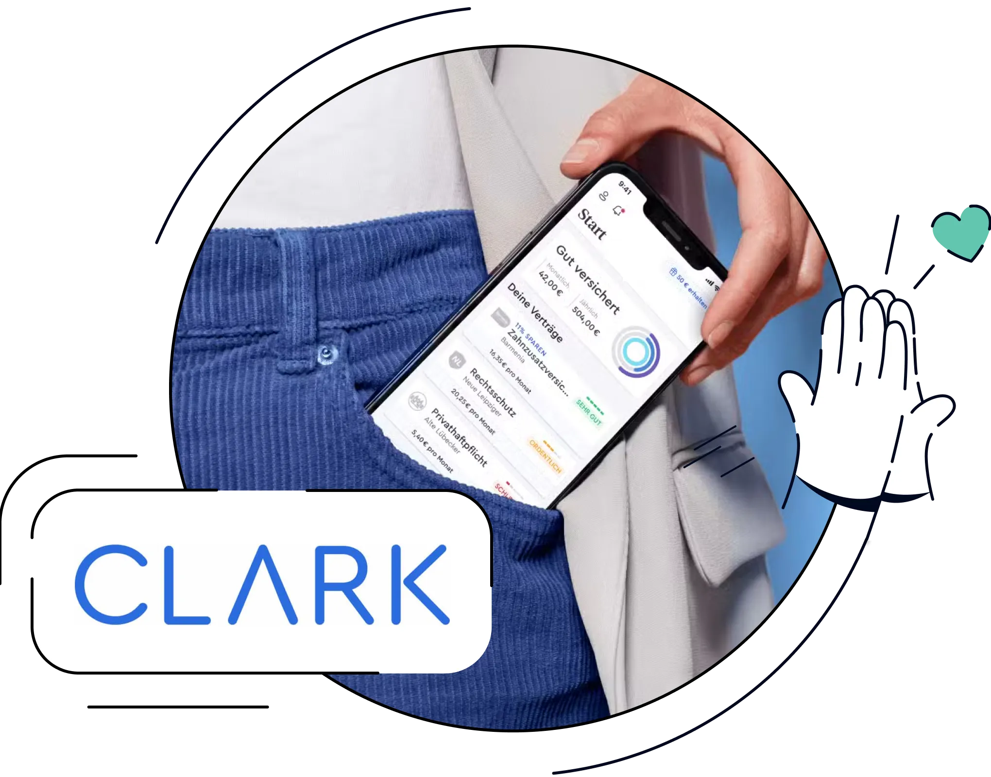 Kombination aus dem CLARK-Logo und einer Person, die ein Smartphone mit der geöffneten Clark-App in der Hand hält.