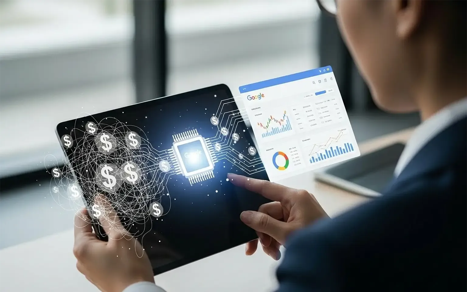 Eine Person analysiert auf einem Tablet die Cloud-Kosten mit einer FinOps-Anwendung, die einen Google-Prozessor mit Finanzdaten und Analyse-Dashboards verknüpft.