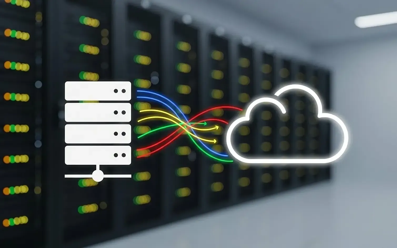 Symbolische Darstellung einer Cloud-Migration, bei der Daten von einem lokalen Server-Rack über leuchtende Datenströme in eine Cloud-Infrastruktur übertragen werden.