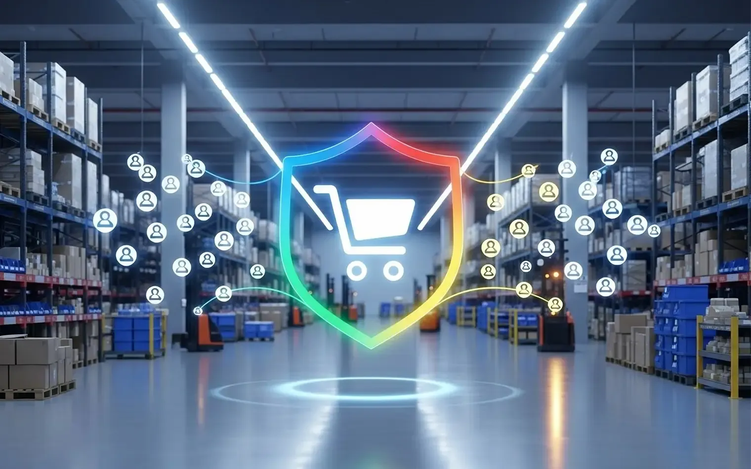 Ein großes Warenlager als Symbol für den Handel, in dessen Mitte ein leuchtendes Schutzschild-Icon mit einem Einkaufswagen schwebt, das mit einem Netzwerk von Nutzer-Icons verbunden ist.