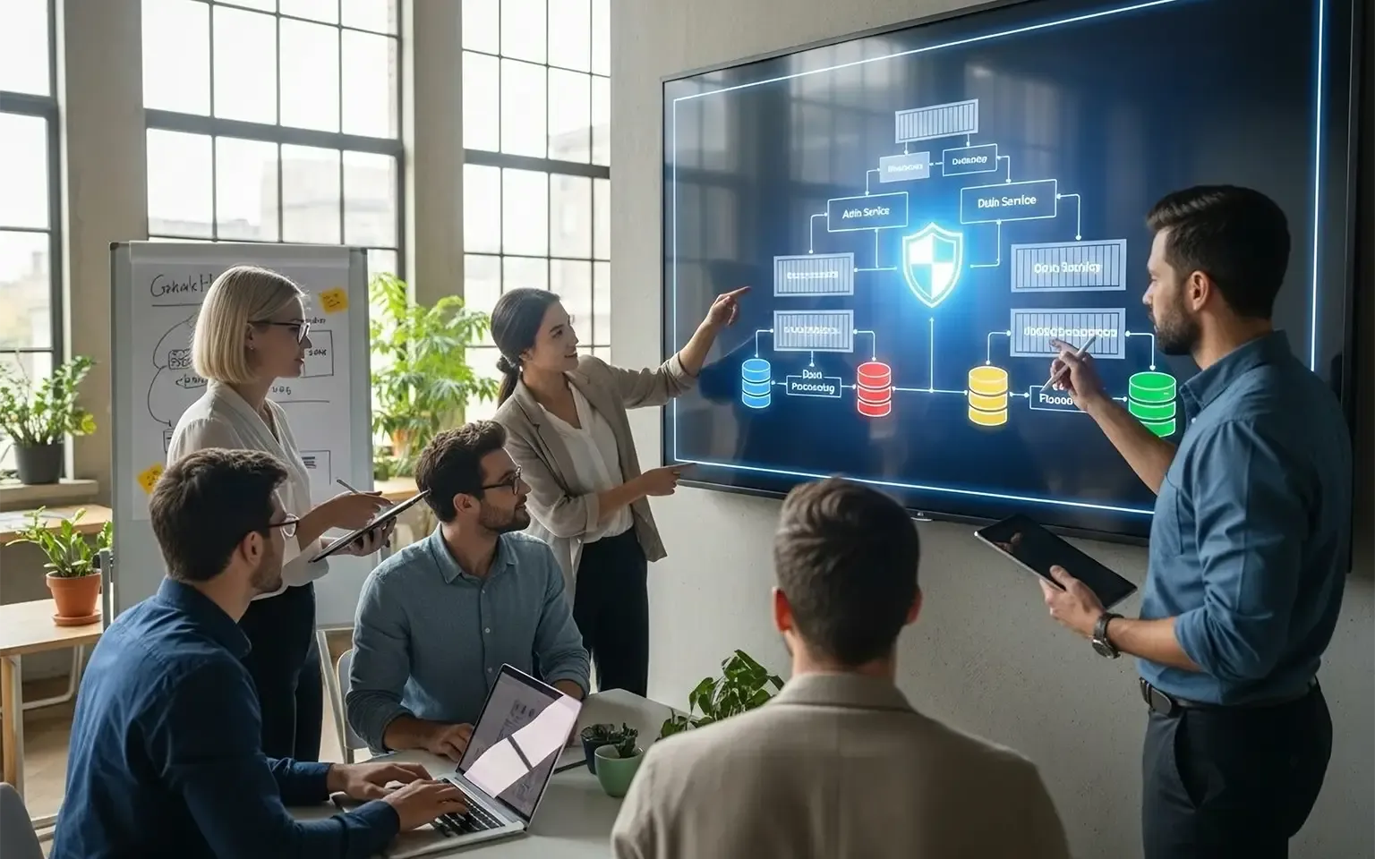 Ein Team bespricht in einem Meeting eine Software-Architektur, die auf einem großen Bildschirm als Diagramm mit einem zentralen Sicherheitssymbol dargestellt ist.