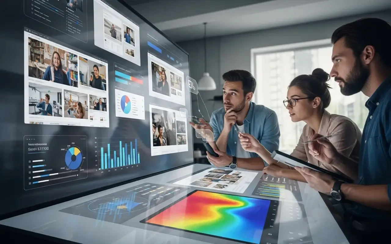 Ein Team analysiert gemeinsam digitale Inhalte und Daten auf einem großen, interaktiven Bildschirm und einem Touch-Tisch mit Heatmap-Visualisierung.