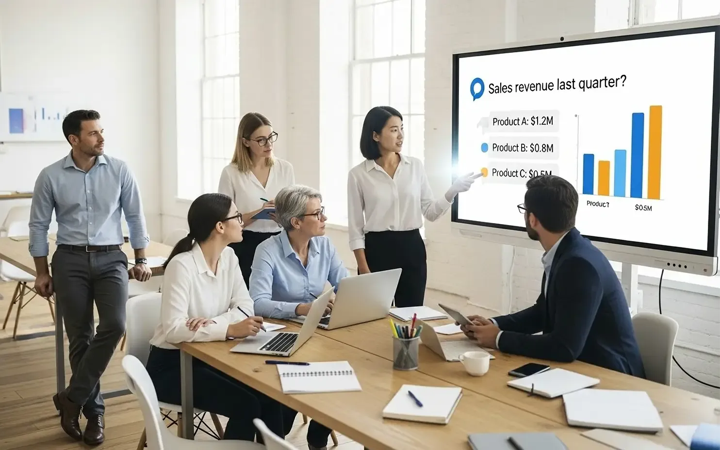 Ein Business-Team nutzt in einem Meeting die Konversationsanalyse von Looker. Eine Mitarbeiterin zeigt auf ein Balkendiagramm, das als Antwort auf die natürlichsprachliche Frage "Sales revenue last quarter?" automatisch erstellt wurde.