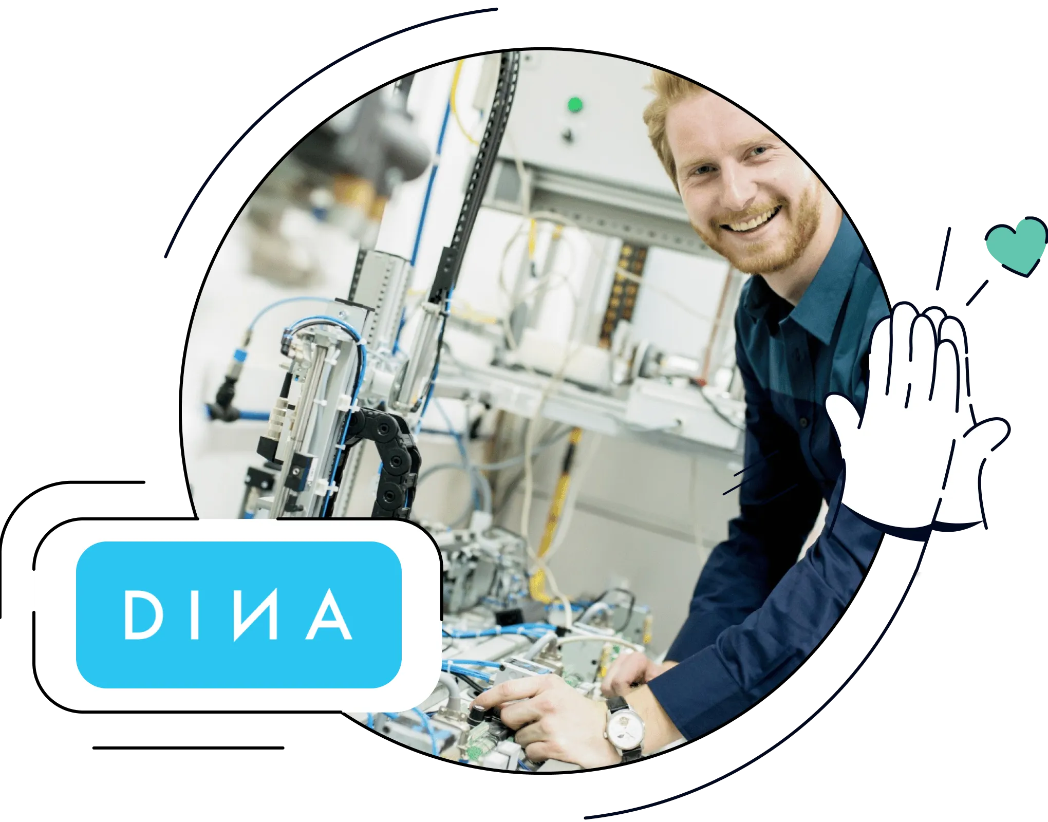 Kombination aus dem DINA-Elektronik-Logo und einem Produktionsmitarbeiter bei der Arbeit.