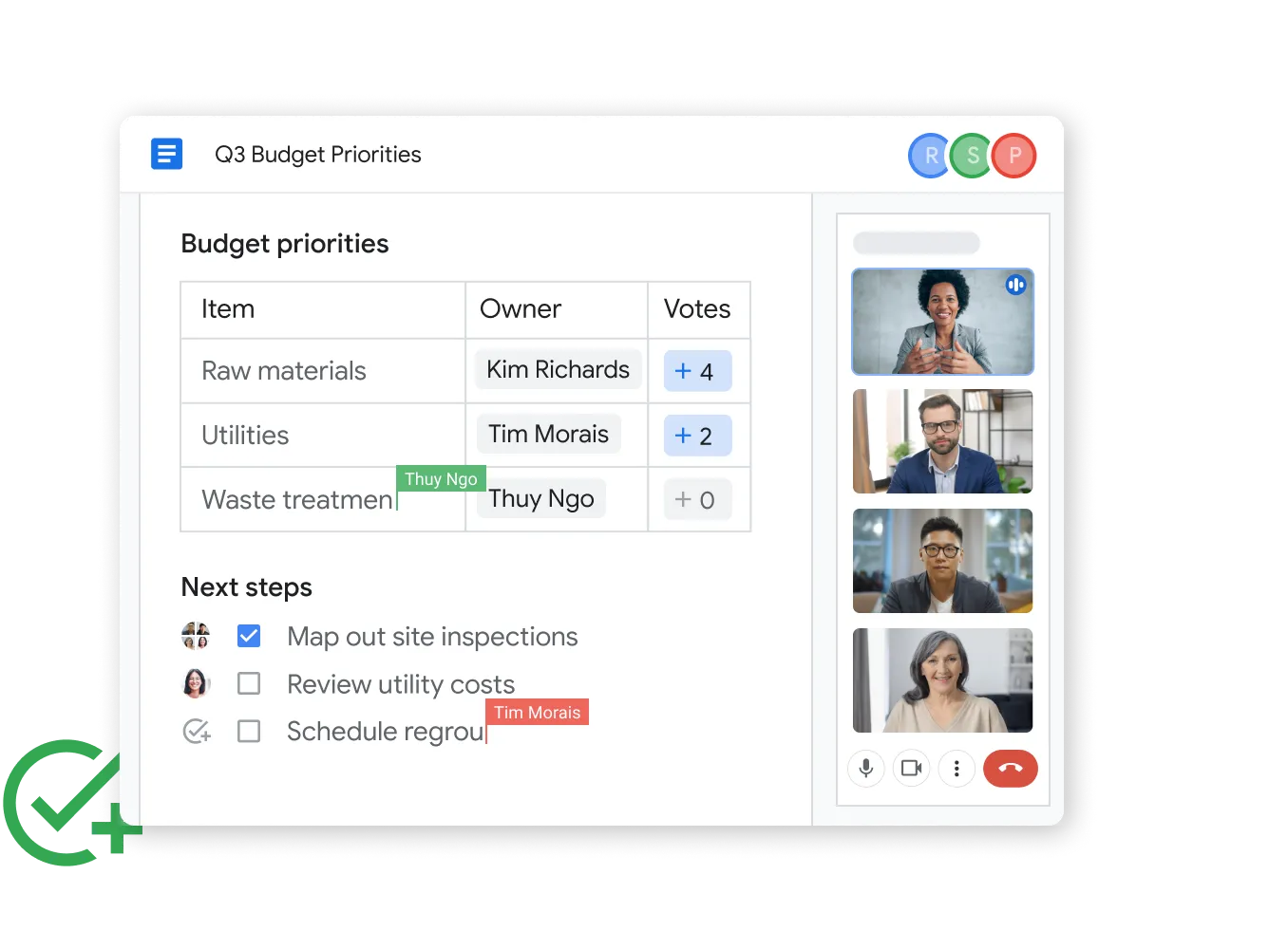 Ein Team plant gemeinsam in Google Docs die Budgetprioritäten für Q3, während es über einen Videoanruf direkt im selben Fenster miteinander spricht.