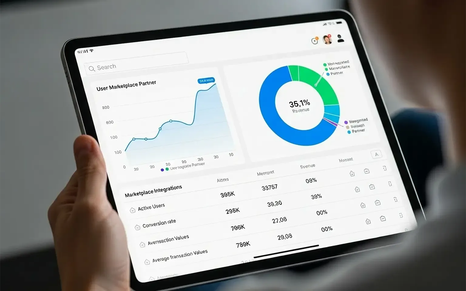 Ein Anwendungsbeispiel für Embedded Analytics: Eine Person betrachtet ein interaktives Looker-Dashboard, das direkt in eine Partner-Anwendung auf einem Tablet integriert ist. Das Dashboard zeigt Kennzahlen wie Umsatz und Nutzerzahlen in Diagrammen und Tabellen.