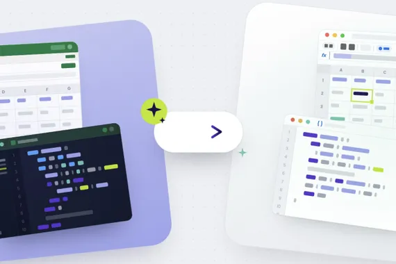 Excel-Tabelle mit VBA-Code-Editor wandelt sich zu einem Google Sheet mit Apps Script — visuelles Symbol für die KI-gestützte Migration vom Microsoft- zum Google-Ökosystem.