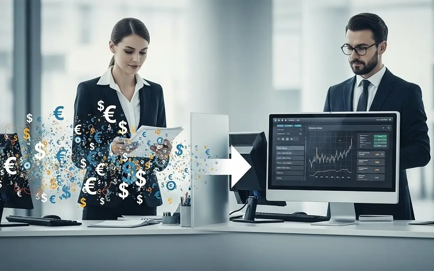 Symbolische Darstellung, wie Business Intelligence unstrukturierte Finanzdaten in ein analytisches Dashboard zur Unternehmenssteuerung umwandelt.