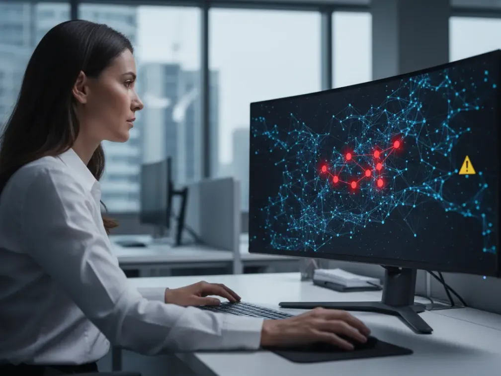 Eine Analystin für Betrugserkennung untersucht eine verdächtige Aktivität, welche KI erkannt hat. Auf ihrem Monitor visualisiert eine Software ein Netzwerk aus Finanztransaktionen, in dem ein auffälliger Datenpfad rot markiert und mit einem Warnsymbol versehen ist.