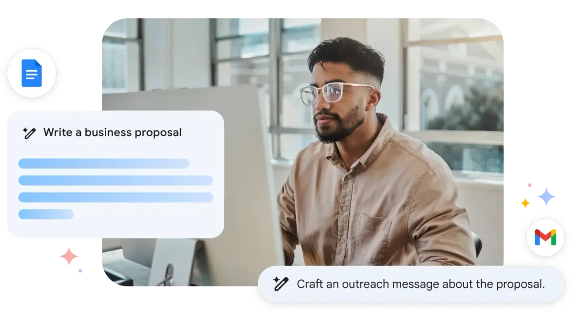 Ein professioneller Anwender am Schreibtisch, dessen Arbeitsprozess von der KI Gemini unterstützt wird. Grafische Einblendungen zeigen, wie Gemini ihm hilft, ein Geschäftskonzept zu schreiben und eine dazugehörige E-Mail zu formulieren.