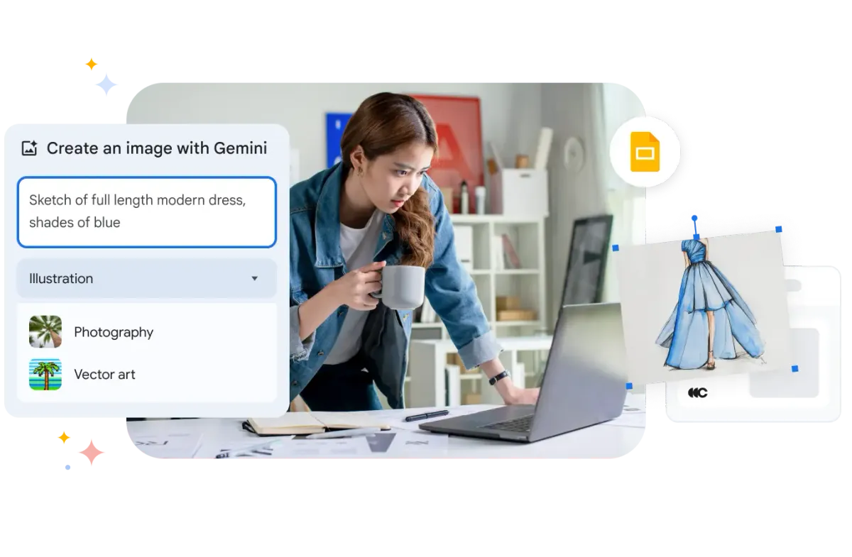 Eine Kreativschaffende am Laptop, deren Arbeitsprozess von Gemini unterstützt wird. Eine grafische Einblendung zeigt, wie sie einen Text-Prompt eingibt, um eine Skizze eines modernen blauen Kleides zu erstellen, das direkt in ihrer Präsentation erscheint.