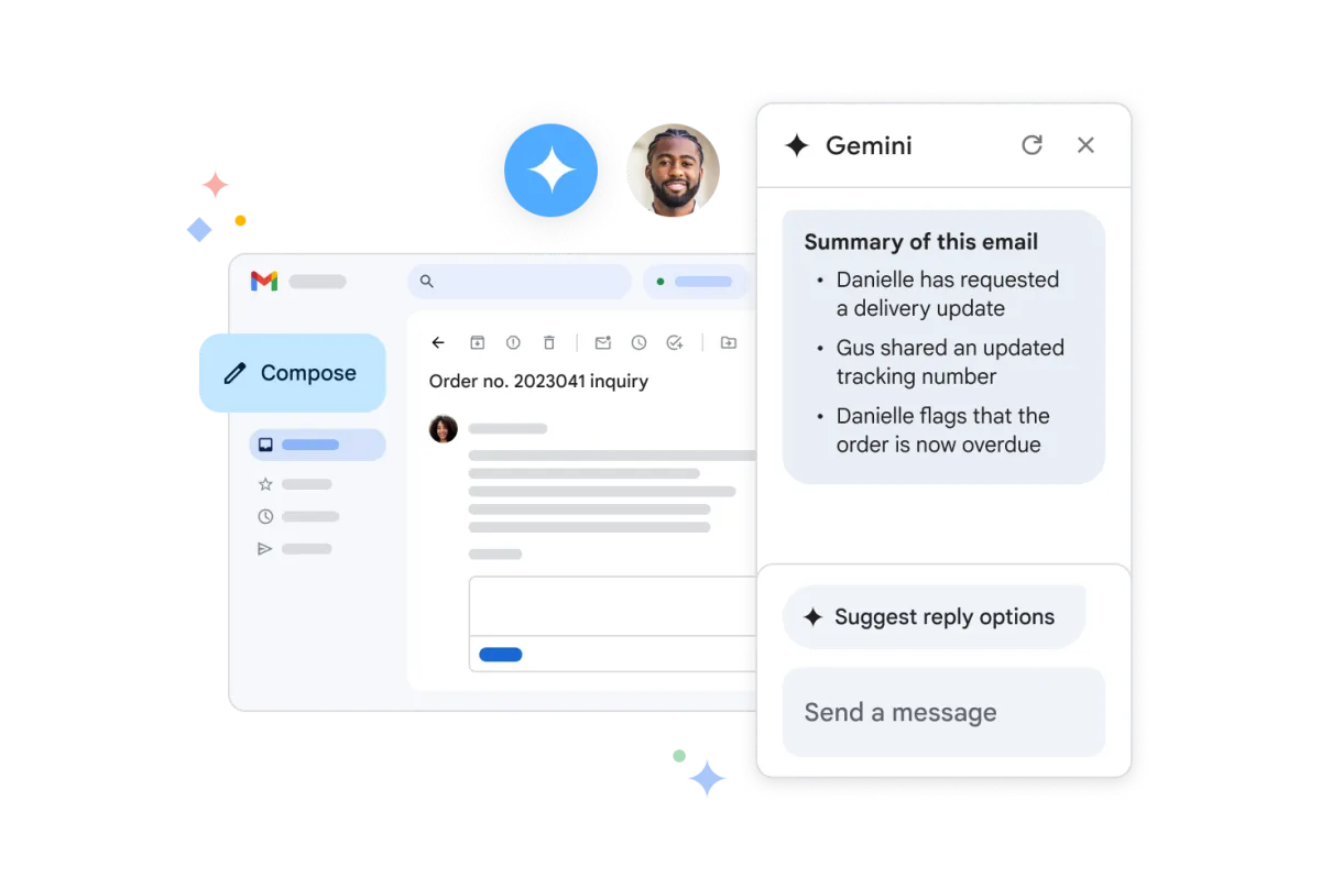 Gemini als KI-Assistent in Gmail, um die E-Mail-Verwaltung zu beschleunigen. Eine Seitenleiste fasst den Inhalt eines langen E-Mail-Verlaufs zusammen und bietet an, passende Antworten vorzuschlagen, sodass der Nutzer schneller reagieren kann.