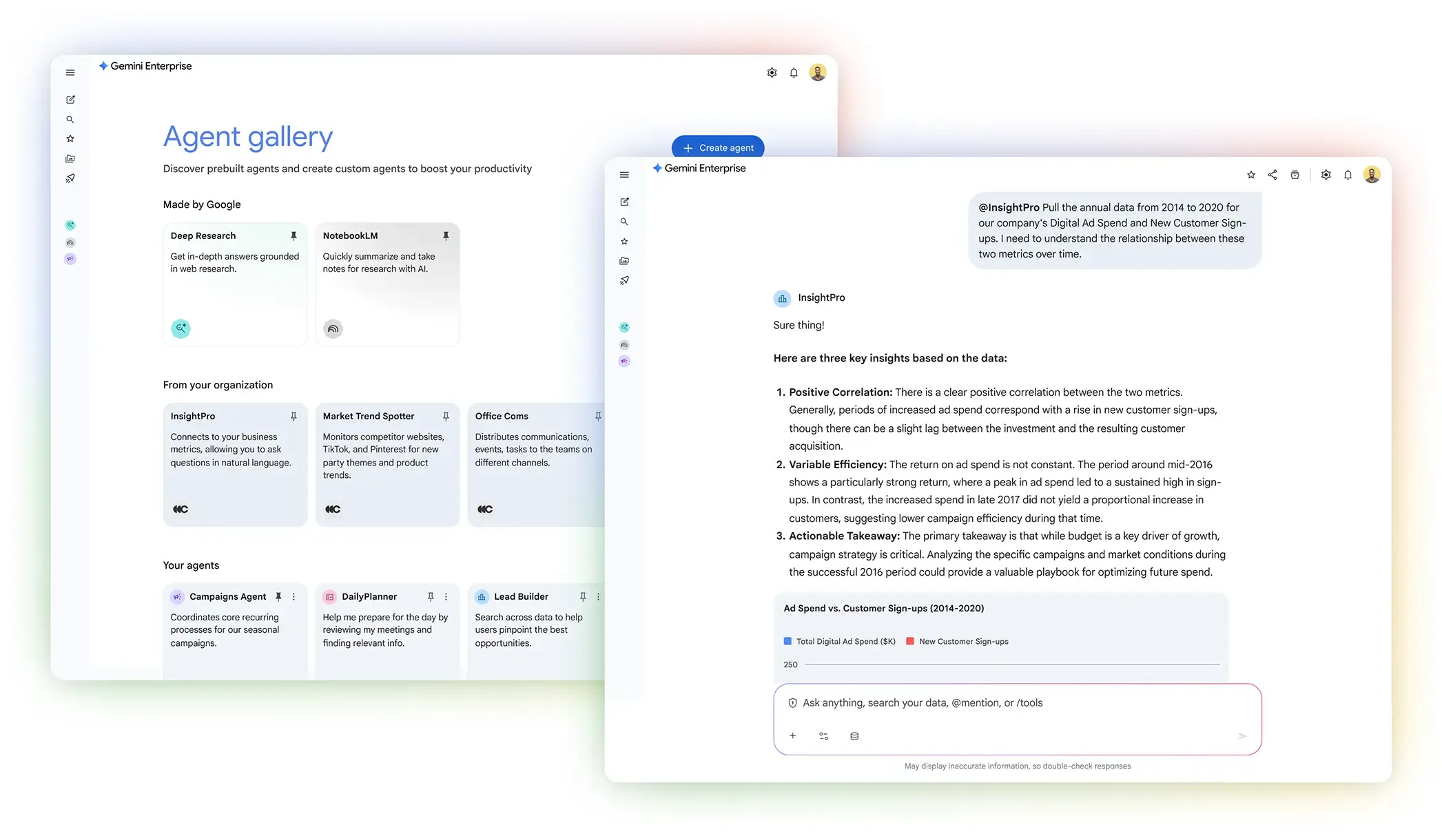 Zwei Screenshots von Gemini Enterprise in dem einen ein Überblick über die Agent-Galerie und auf dem anderen ein Beispiel Prompt, in dem der User Key Insights von Geschäfsdaten zwischen 2014 bis 2020 zusammengefasst bekommt.