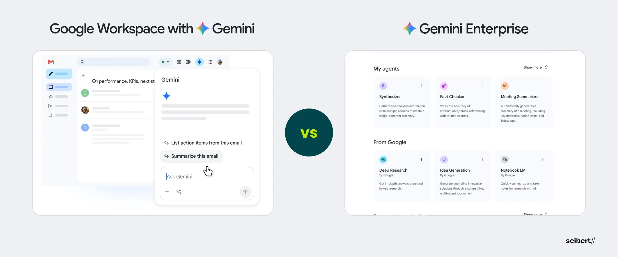 Split-Screen mit Gemini in Google Workspace links und der Gemini-Enterprise-App rechts. Zwei komplementäre AI-Ebenen für den Mittelstand.