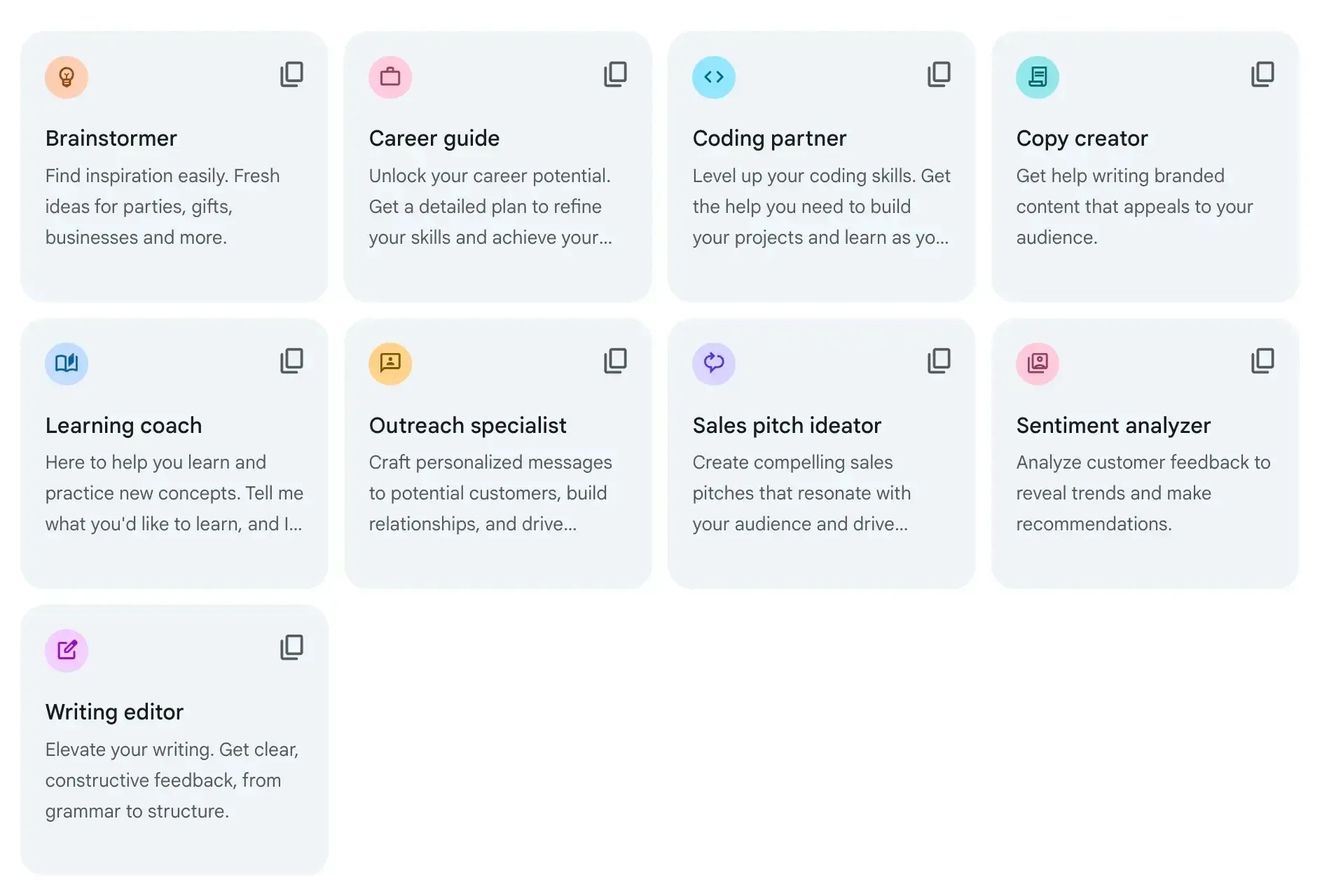 Eine Galerie-Ansicht verschiedener, spezialisierter Gems. Jedes Tool, wie zum Beispiel "Brainstormer", "Coding partner" und "Sentiment analyzer", wird auf einer eigenen Karte mit Icon und kurzer Beschreibung vorgestellt.