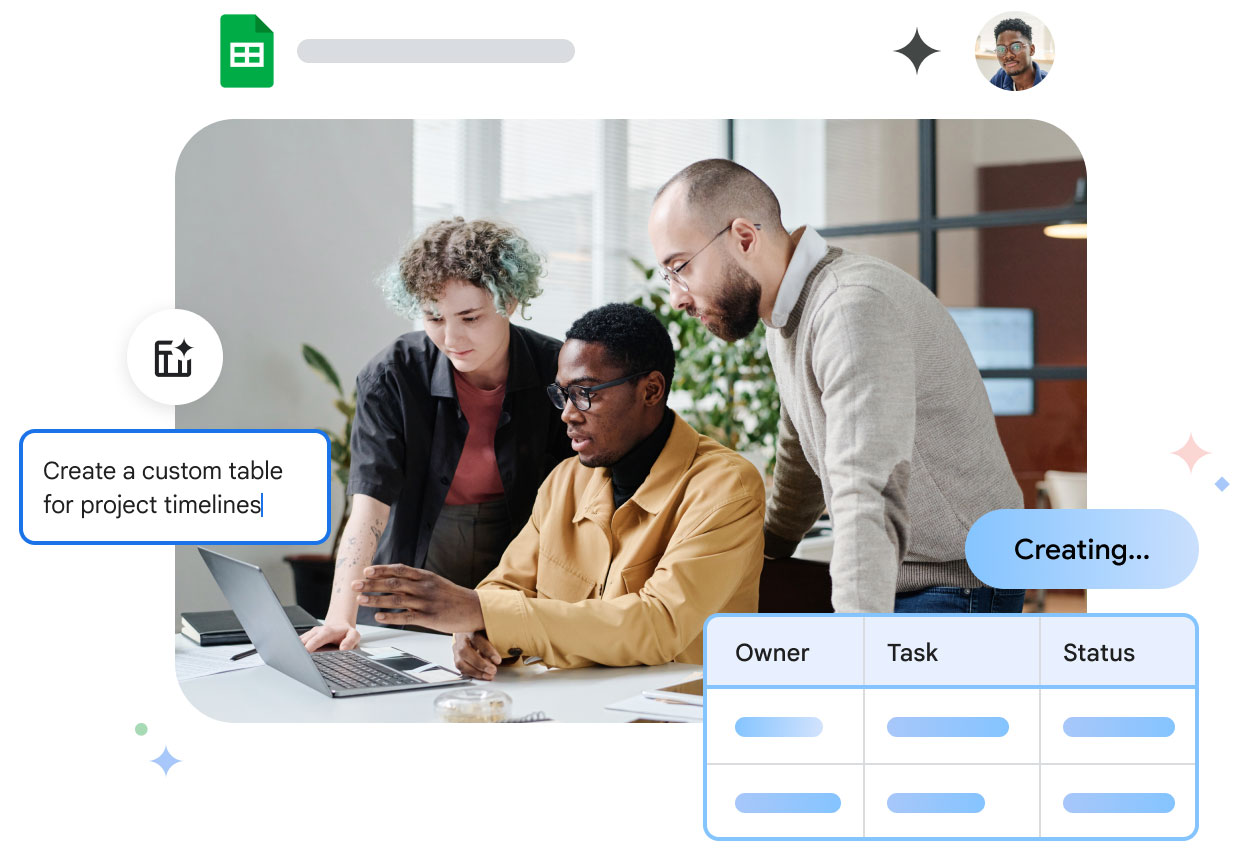Ein Team arbeitet kollaborativ in Google Sheets und nutzt Gemini, um eine benutzerdefinierte Tabelle zu erstellen. Eine Einblendung zeigt den Befehl "Erstelle eine benutzerdefinierte Tabelle für Projekt-Timelines" und das Ergebnis: eine Tabelle mit den Spalten "Owner", "Task" und "Status".