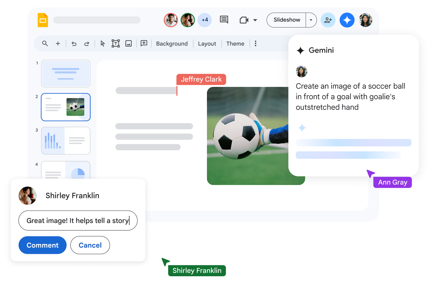 Ein kollaborativer Arbeitsprozess in Google Slides, unterstützt von Gemini. Ein Teammitglied generiert per Text-Prompt ein Bild von einem Fußballtorwart, während ein anderes Teammitglied positives Feedback dazu über die Kommentarfunktion gibt.
