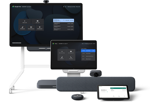 Eine Produkt-Kollektion der Google Meet Hardware der Series One. Abgebildet sind das all-in-one Series One Board 65 auf einem Rollständer, der kleinere Series One Desk 27 für den Schreibtisch und das Series One Meet Kit, bestehend aus Soundbar, Kamera, Mikrofon und Touch-Controller.