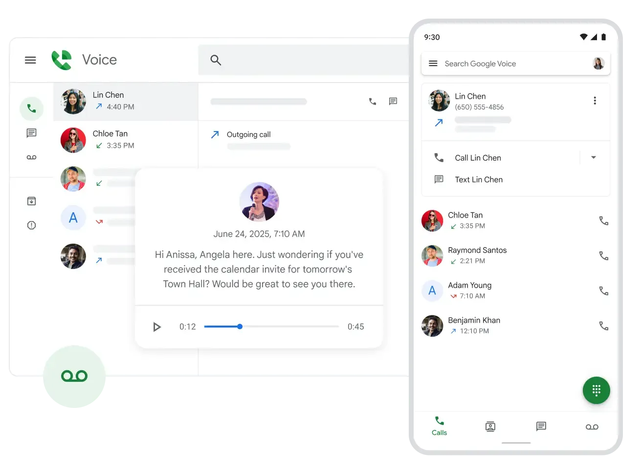 Die Benutzeroberfläche von Google Voice, die gleichzeitig auf einem Desktop und einem Smartphone angezeigt wird, um die plattformübergreifende Nutzung zu zeigen. Beide Ansichten listen Anrufe auf, wobei die Desktop-Ansicht eine automatisch transkribierte Voicemail hervorhebt.
