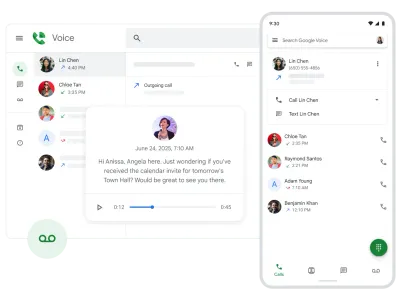 Die Benutzeroberfläche von Google Voice, die gleichzeitig auf einem Desktop und einem Smartphone angezeigt wird, um die plattformübergreifende Nutzung zu zeigen. Beide Ansichten listen Anrufe auf, wobei die Desktop-Ansicht eine automatisch transkribierte Voicemail hervorhebt.