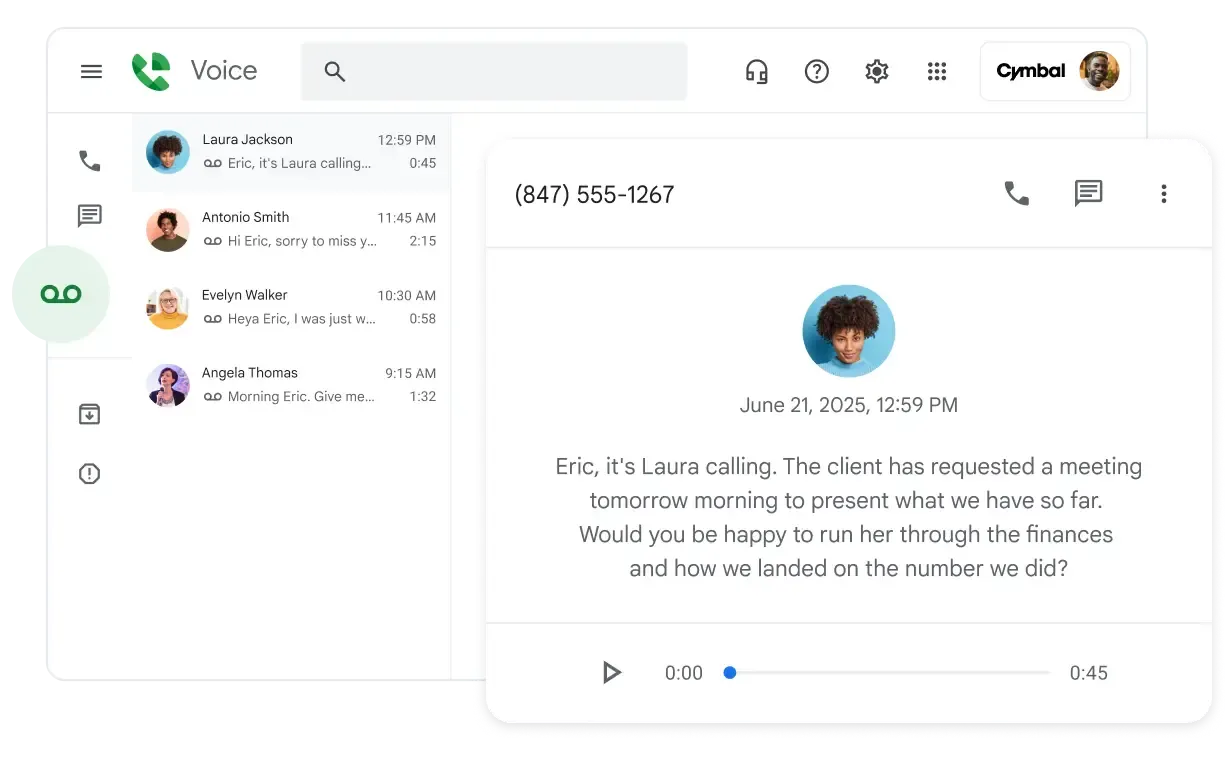 Die Funktion zur Voicemail-Transkription in Google Voice: Ein Pop-up-Fenster zeigt eine erhaltene Sprachnachricht. Unter dem Audio-Player wird der vollständige Inhalt der Nachricht automatisch in lesbaren Text transkribiert.