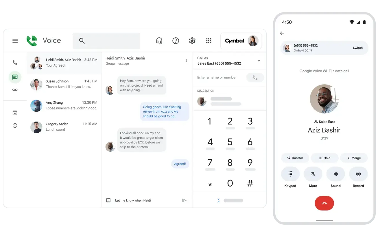 Die Funktionen von Google Voice im Überblick: Links eine Desktop-Ansicht mit einer laufenden Gruppen-Textnachricht zwischen mehreren Kollegen. Rechts die mobile App während eines Sprachanrufs, die Optionen wie Halten, Weiterleiten und Stummschalten anzeigt.