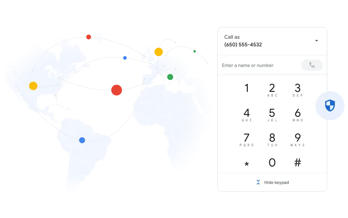 Eine symbolische Darstellung der globalen und sicheren Kommunikation mit Google Voice. Links symbolisiert eine Weltkarte mit vernetzten Punkten die internationale Reichweite, während rechts das Wähltastenfeld und ein Schild-Icon für die sichere Telefonie stehen.